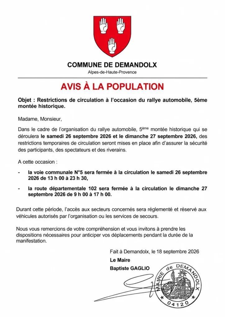 Avis à la population – Restrictions de circulation